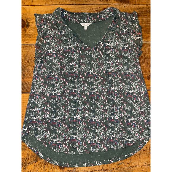 Womens‎ Lucky Brand Olive Green Floral Sheer Cap Sleeve Blouse Size L - Picture 1 of 8